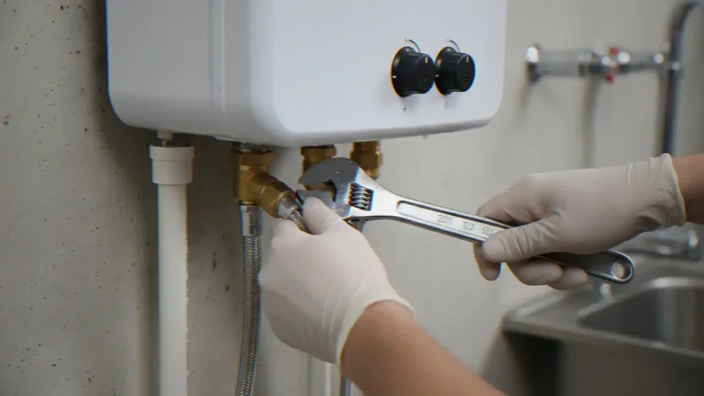 A technician wearing disposable gloves uses an adjustable wrench to tighten a pipe fitting on a tankless water heater.