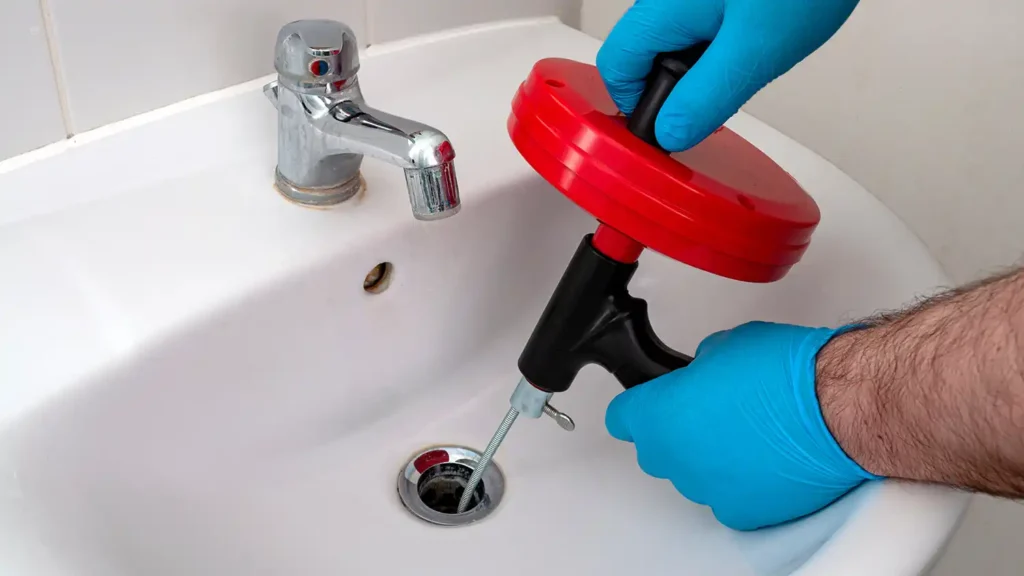 plumber's hands repairing drain with plumbers snake (steel spiral that twists through pipes to collect dirt) in residential sink